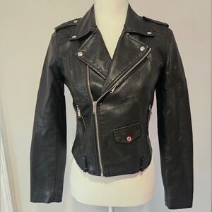 AFTF BASIC Grunge Rocker Fitted Black Leather Jacket With Polyester Lining SZ S